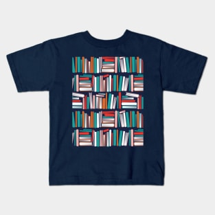 Colourful books // oxford navy blue bookshelf background orange neon red white and flesh coral books Kids T-Shirt